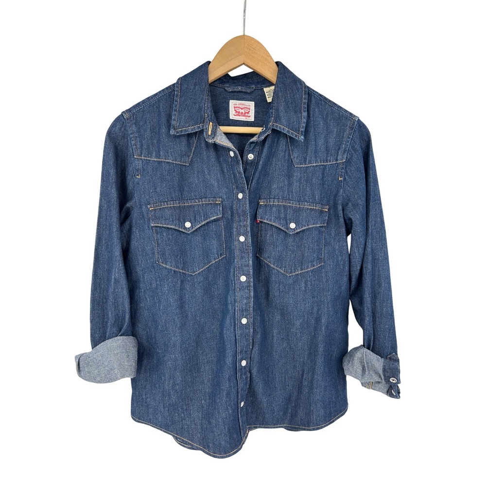 Levis Western Denim Shirt Pearl Snap Dark Wash Small Womens